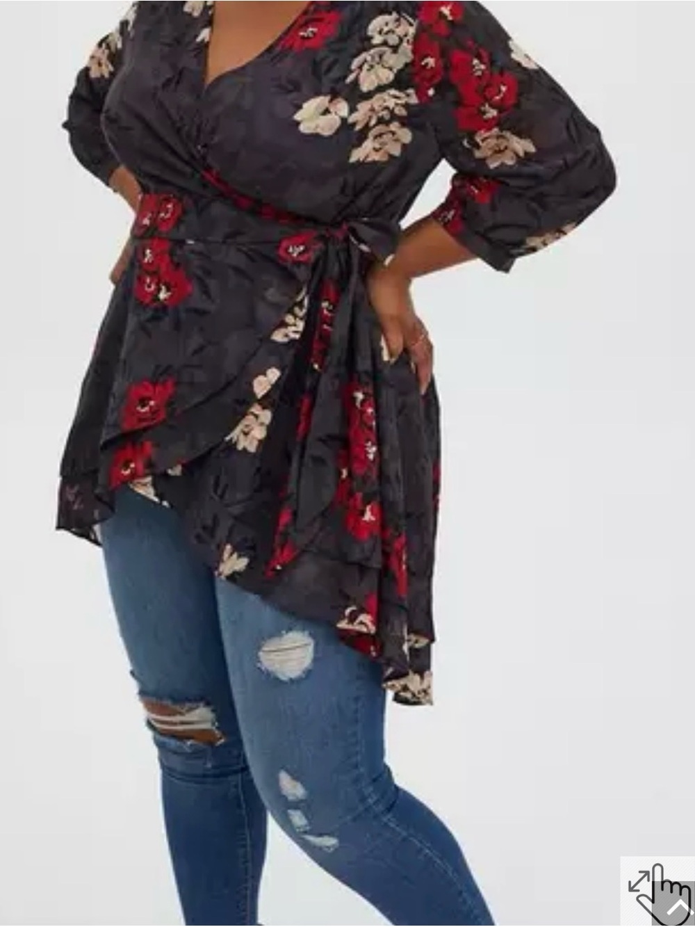 Floral Black Wrap Tunic with Red and Cream Blooms